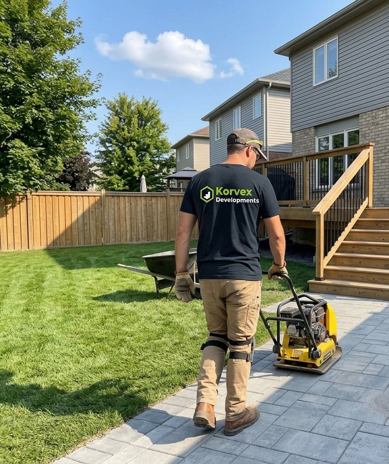 A Korvex crew member running a plate compactor over new grey interlock pavers at the foot of cedar deck stairs in a fenced backyard