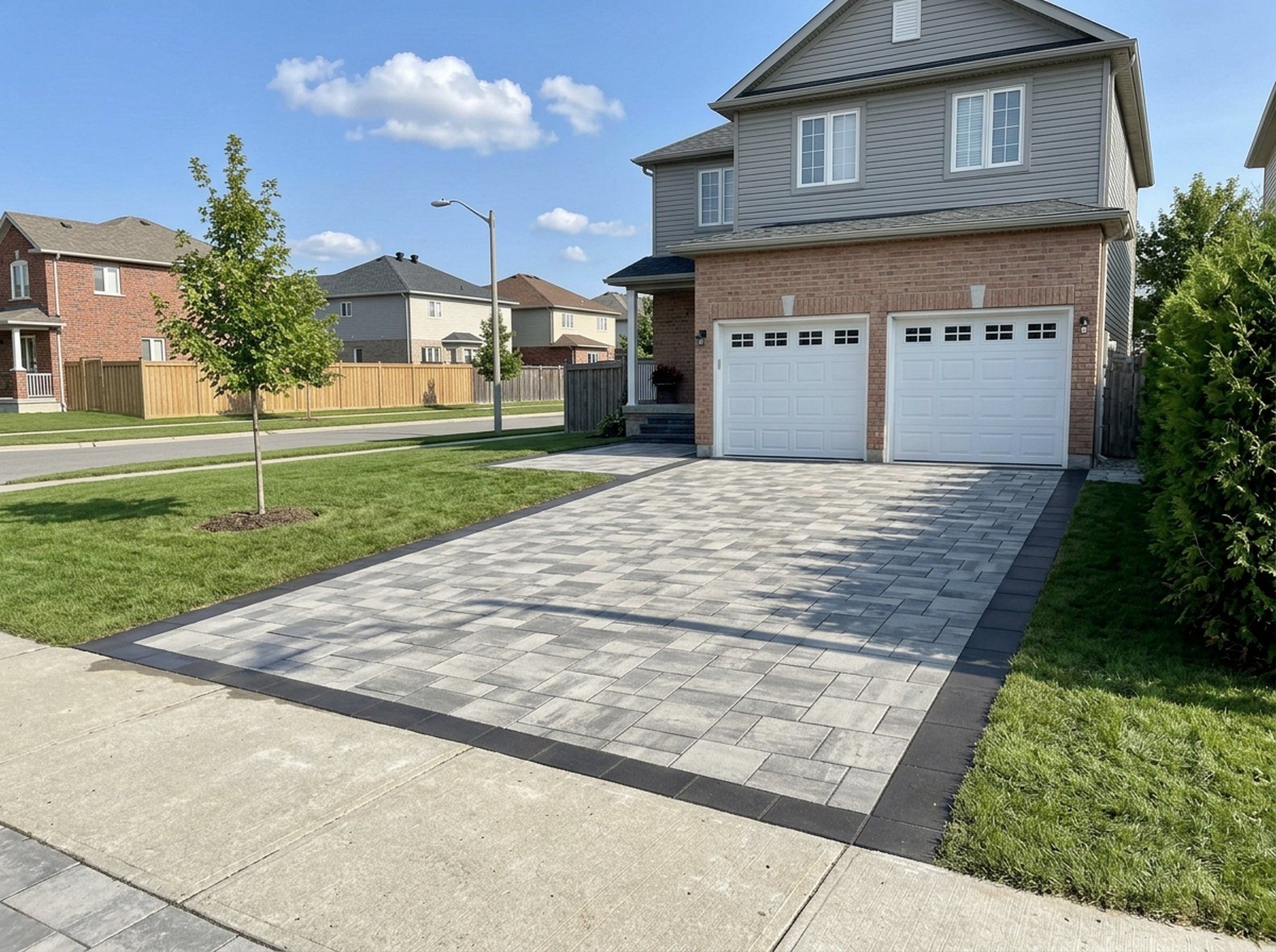 A two-car interlock driveway in light and dark grey pavers with a charcoal border, running from the sidewalk to the garage doors of a brick and siding suburban house