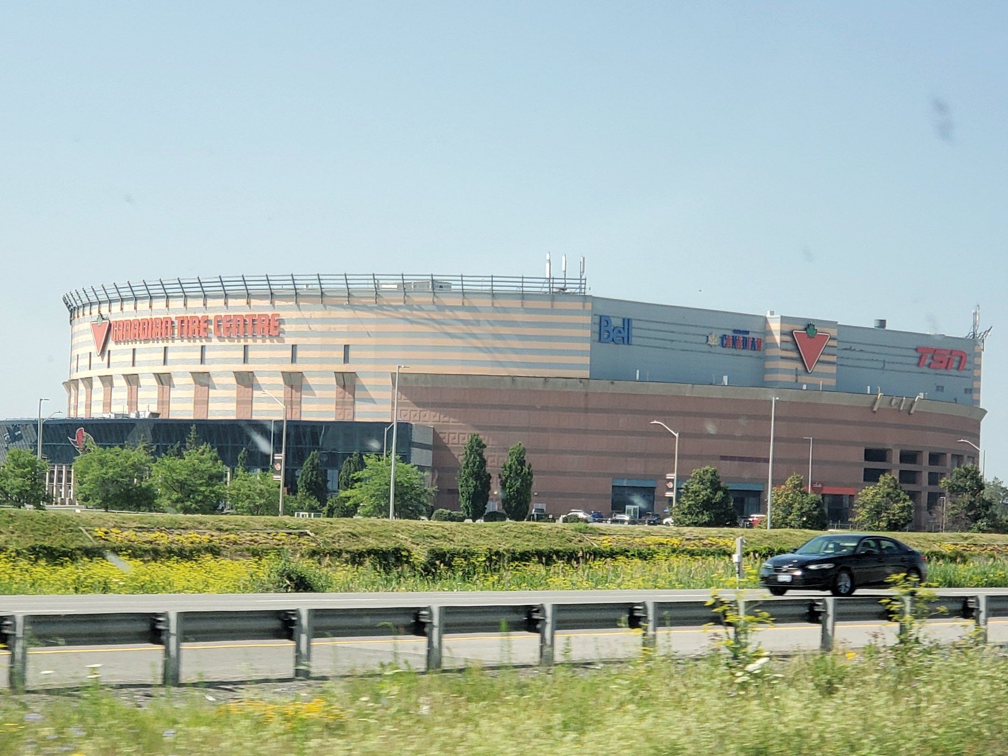 The Canadian Tire Centre seen from Highway 417 in summer