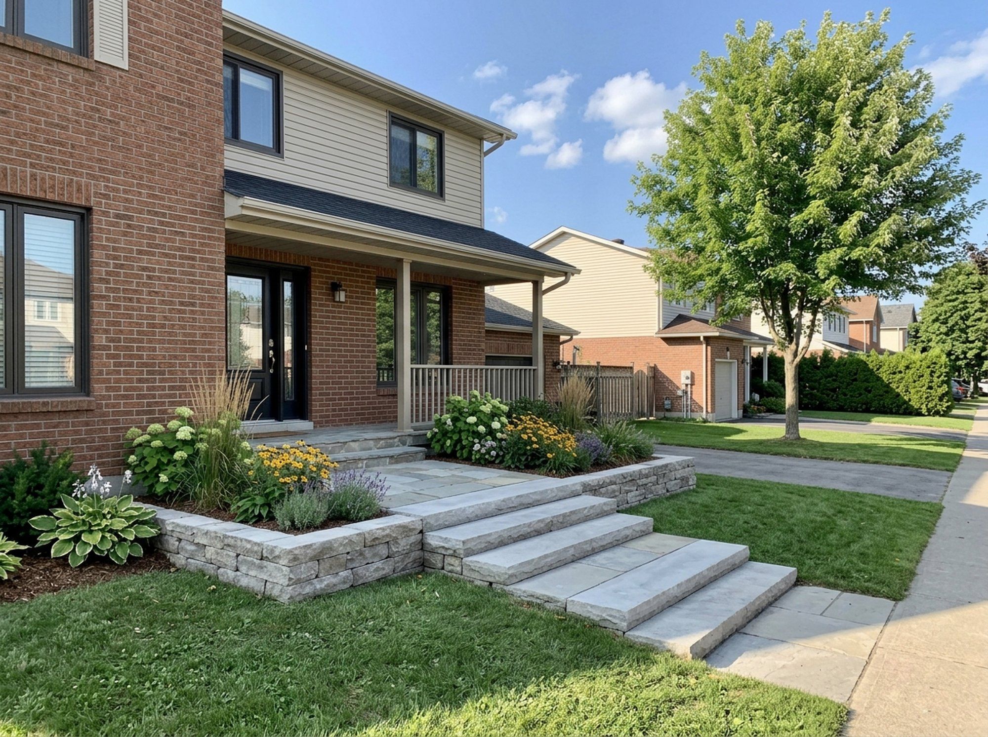 Wide stone steps and a landing at a front porch, between low stone planter walls
