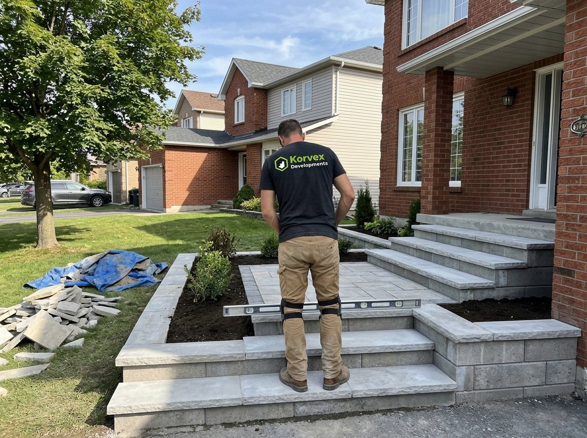 A Korvex crew member checking rebuilt stone front steps and planter walls with a long level, at the entrance of a brick house