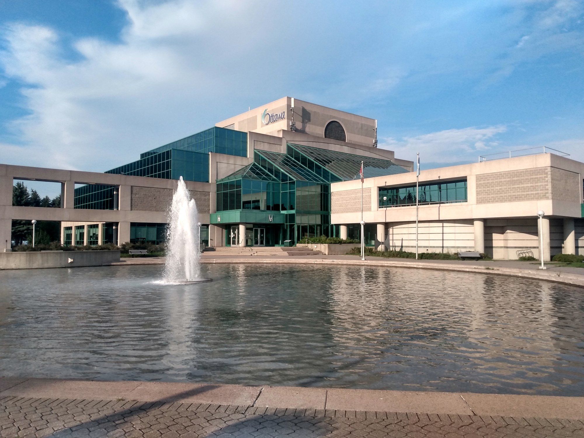 The fountain and pond in front of Ben Franklin Place in Nepean