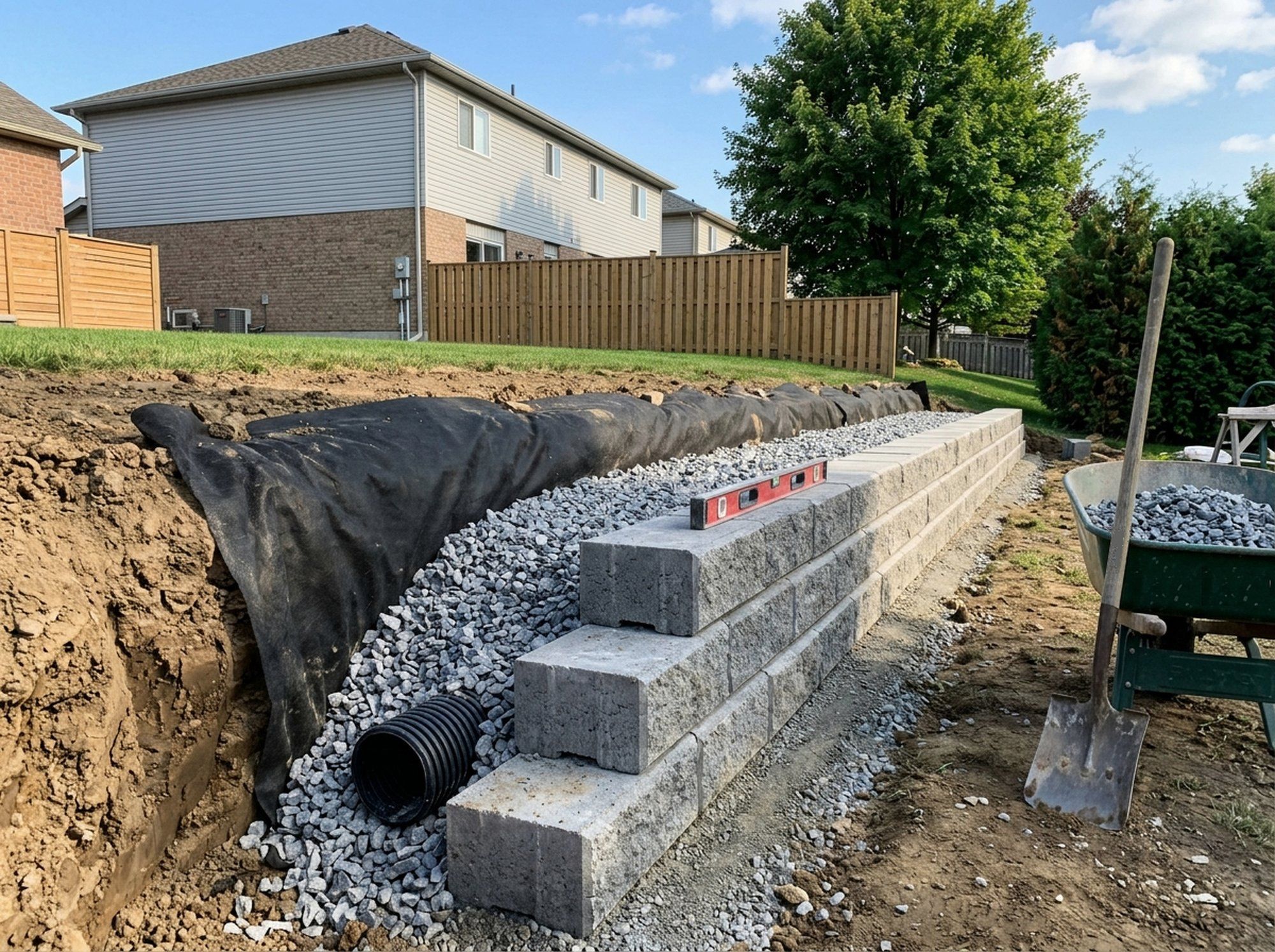 The end of a block retaining wall under construction, three courses high, with clear drainage stone and a perforated drain pipe behind the first course