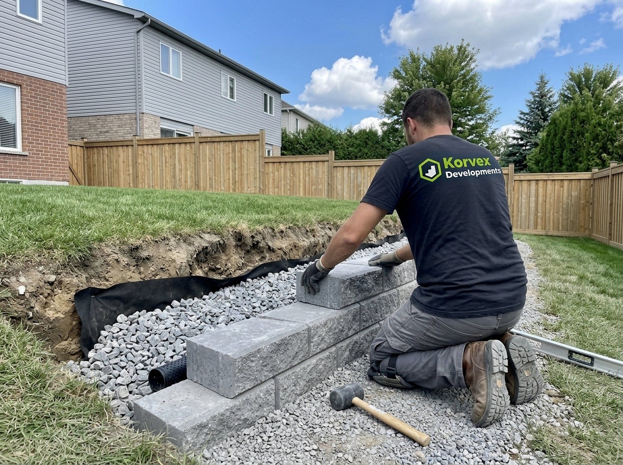 A Korvex crew member setting grey wall block on a compacted base, clear stone and a perforated drain pipe behind the first course, filter fabric on the cut slope