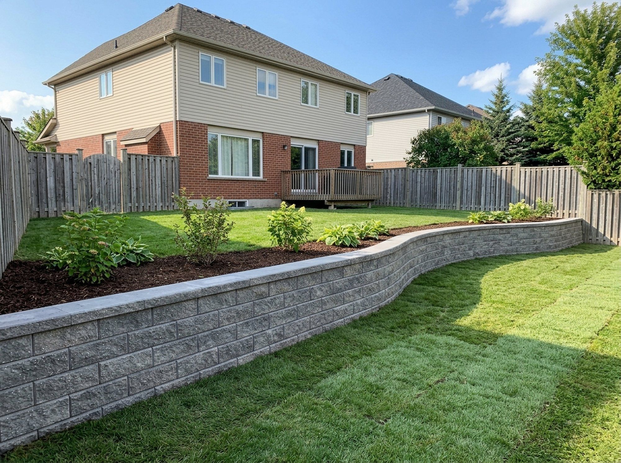 A curved grey segmental block retaining wall with a capstone, holding a raised lawn and mulched planting bed above a lower lawn in a fenced suburban back yard