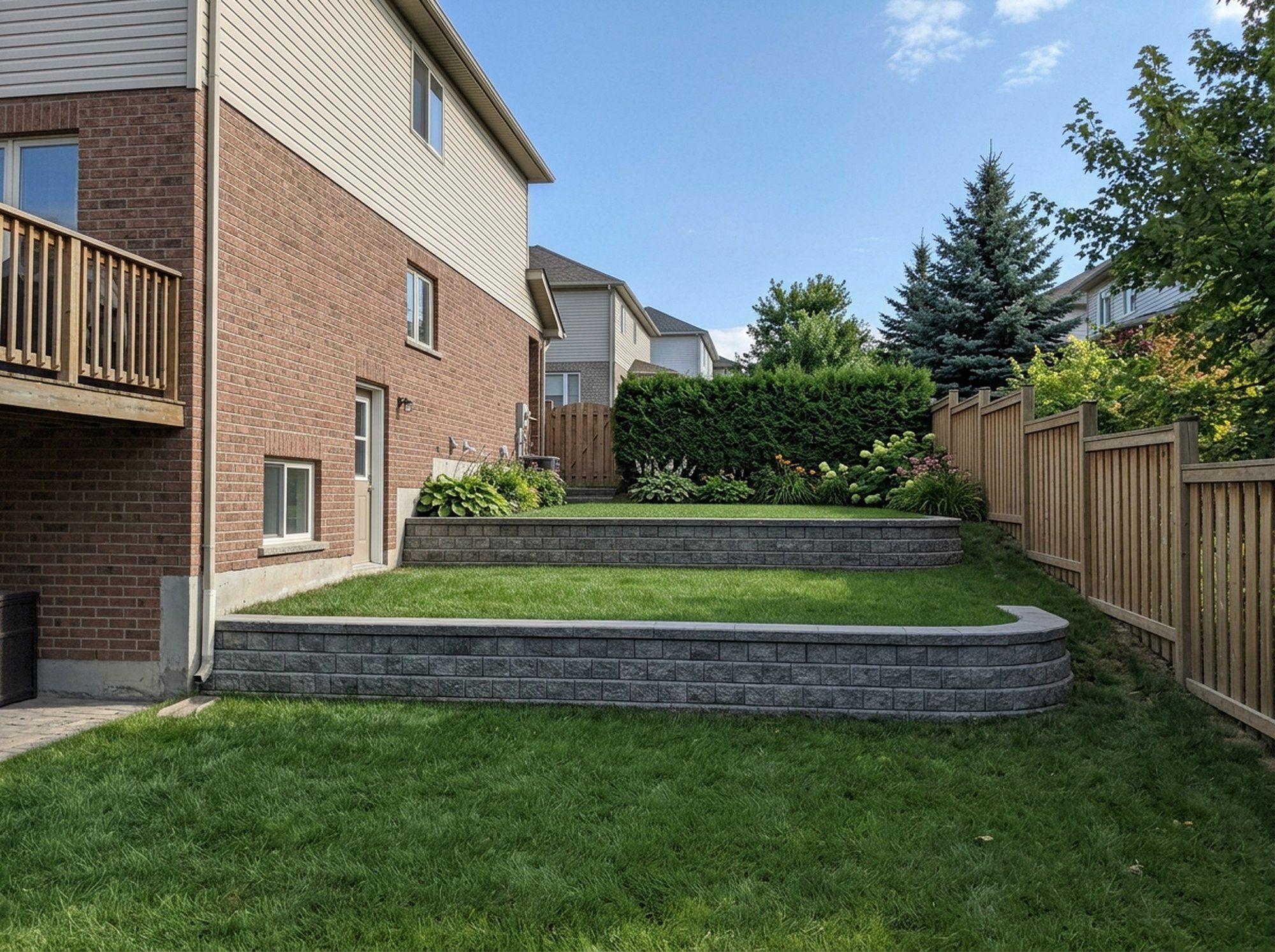A back yard sloping up from a brick walkout house, turned into two flat lawn terraces by two low segmental block retaining walls